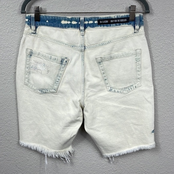 New Oak & Acorn Ninety Three Long Cut Off Frayed Hem Shorts Dipped Indigo 29 - Picture 6 of 14